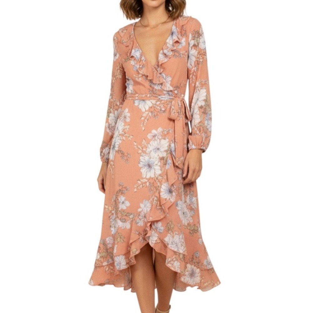 JUNE & HUDSON Peach Floral LINED CHIFFON Ruffle Trim WRAP DRESS Boho Romantic S